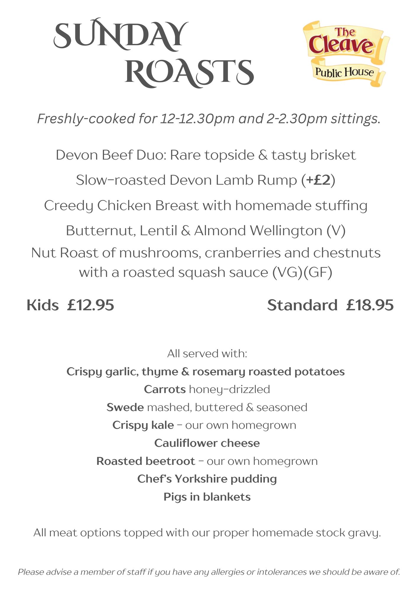Sunday Luncheon menu The Cleave