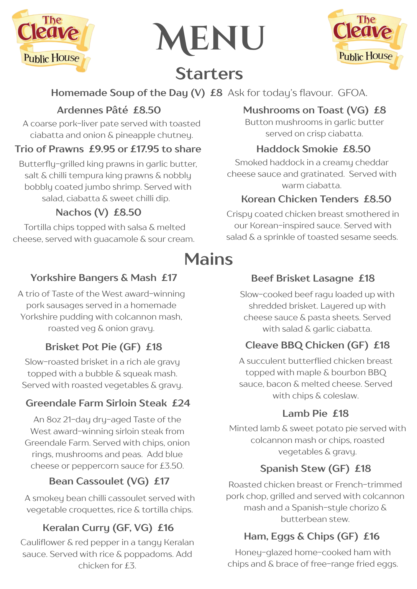 The Cleave menu - Starters