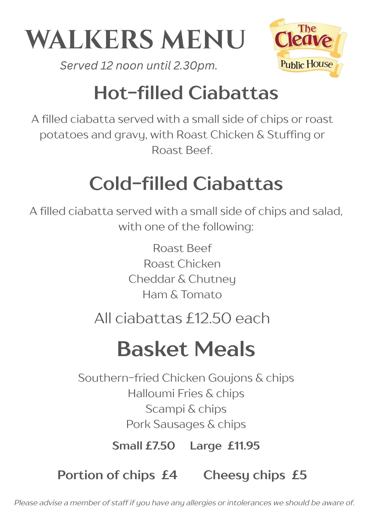 Walkers menu The Cleave