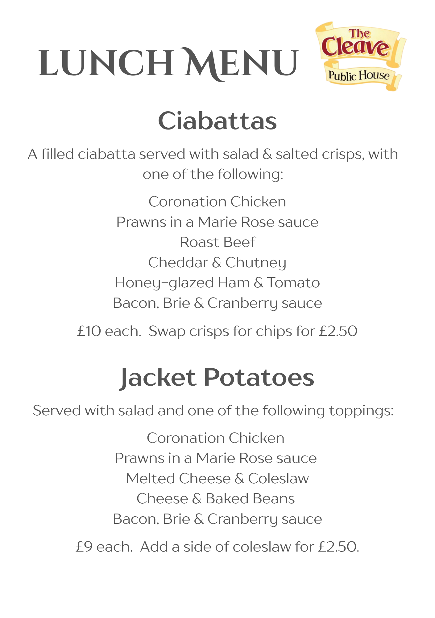 The Cleave Lunch Menu September 2026